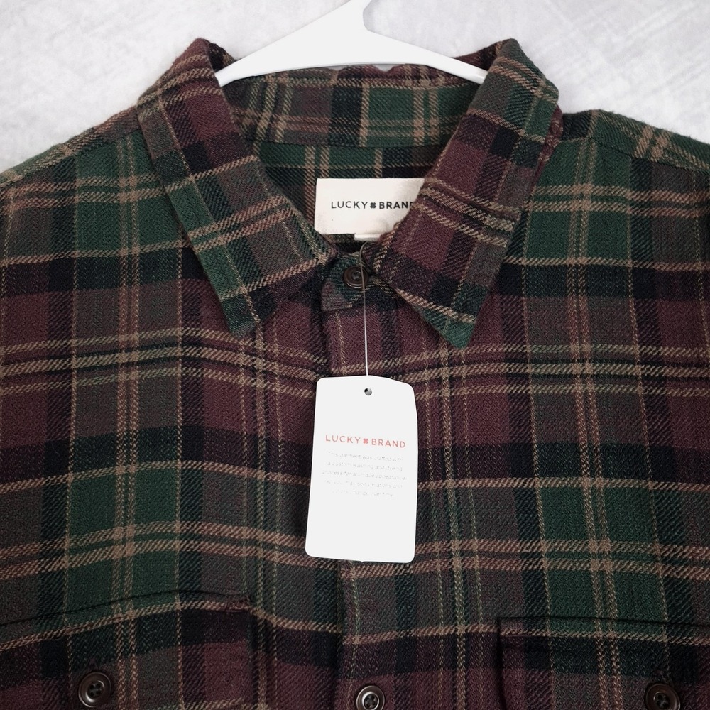 Lucky Brand Flannel Shirt Mens Large Green Burgundy Plaid Button Up Heavyweight - Picture 2 of 16